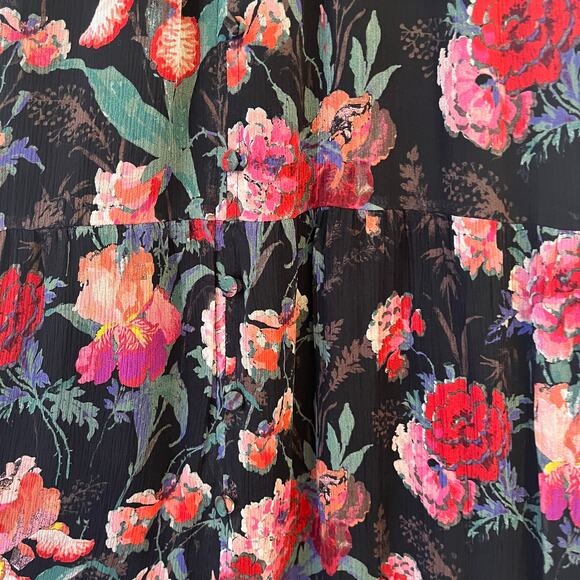 Paige Paradis 100% Silk Ruffle Floral Midi Dress M Dark Romantic Wedding Guest - Picture 5 of 13